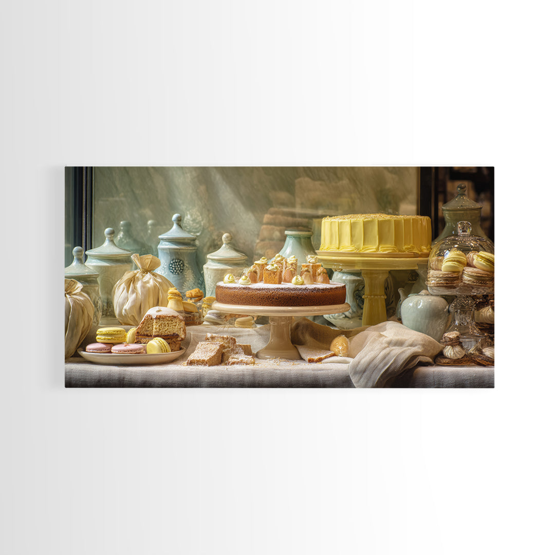 French Patisserie Window Display of Pastel Pastries Canvas Print, Bakery Art, Textured Painting, Bakery Decor, Patisserie, BAK-2x1-22