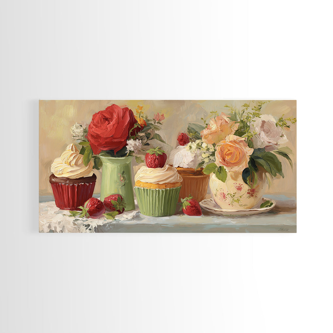 Cupcake Bouquet Painted Framed Canvas Print, Bakery Art, Boho Decor, Bakery Decor, Oil Painting, Patisserie, Printable Wall Art, BAK-2x1-27