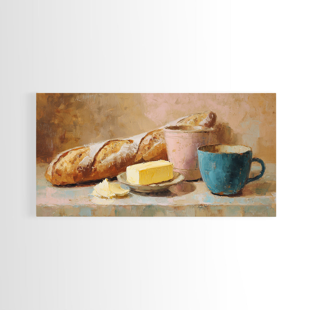 Baguette and Butter Still Life on Marble Framed Canvas Print, Bakery Art, Contemporary Art, Bakery Decor, Fine Art, Patisserie, BAK-2x1-28