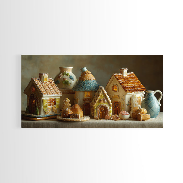 Gingerbread Houses in Charming Folk Art Style Framed Canvas Print, Bakery Art, Contemporary Art, Bakery Decor, Patisserie, BAK-2x1-34