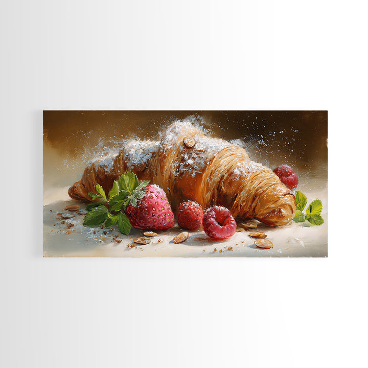 Almond Croissant Closeup Framed Canvas Print, Bakery Art, Wall Art, Bakery Decor, Oil Painting, Patisserie, Kitchen Wall Decor, BAK-2x1-35