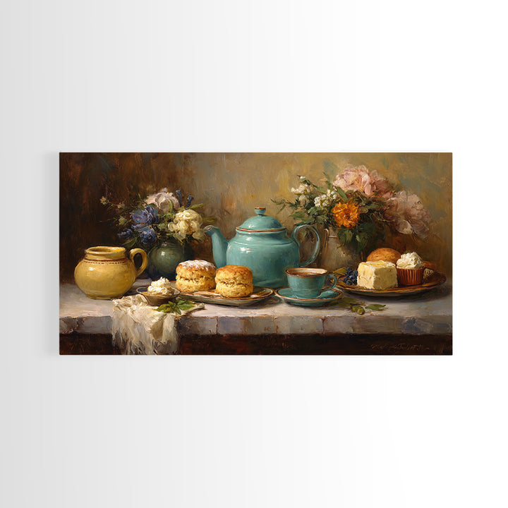 Tea and Scone Arrangement Framed Canvas Print, Bakery Art, Wall Decor, Bakery Decor, Fine Art, Patisserie, Kitchen Prints, BAK-2x1-40