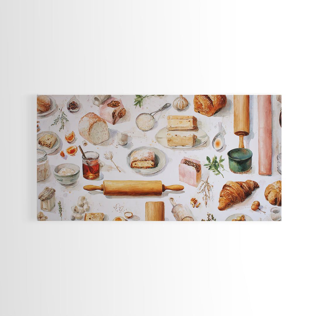 Patisserie Pattern of Rolling Pins and Pastries Canvas Print, Bakery Art, Kitchen Decor, Bakery Decor, Fine Art, Patisserie, BAK-2x1-41