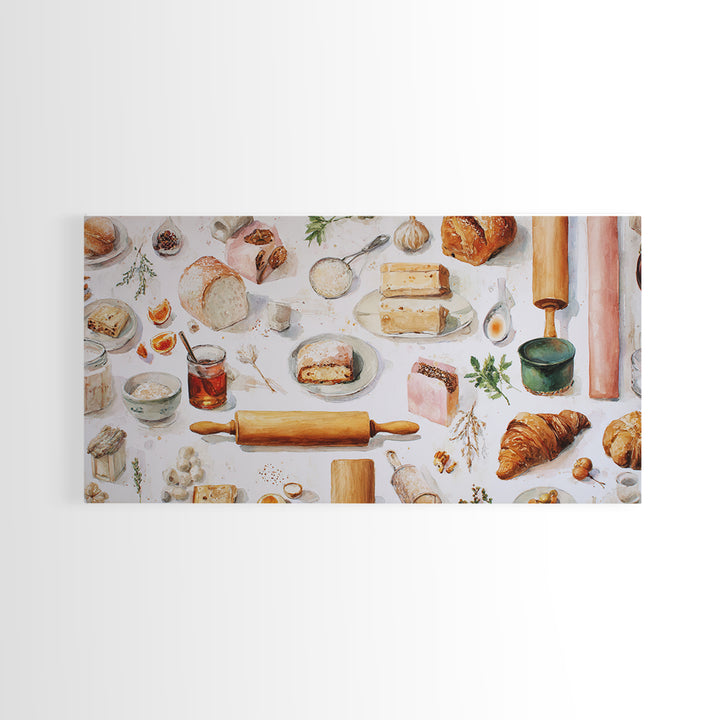 Patisserie Pattern of Rolling Pins and Pastries Canvas Print, Bakery Art, Kitchen Decor, Bakery Decor, Fine Art, Patisserie, BAK-2x1-41