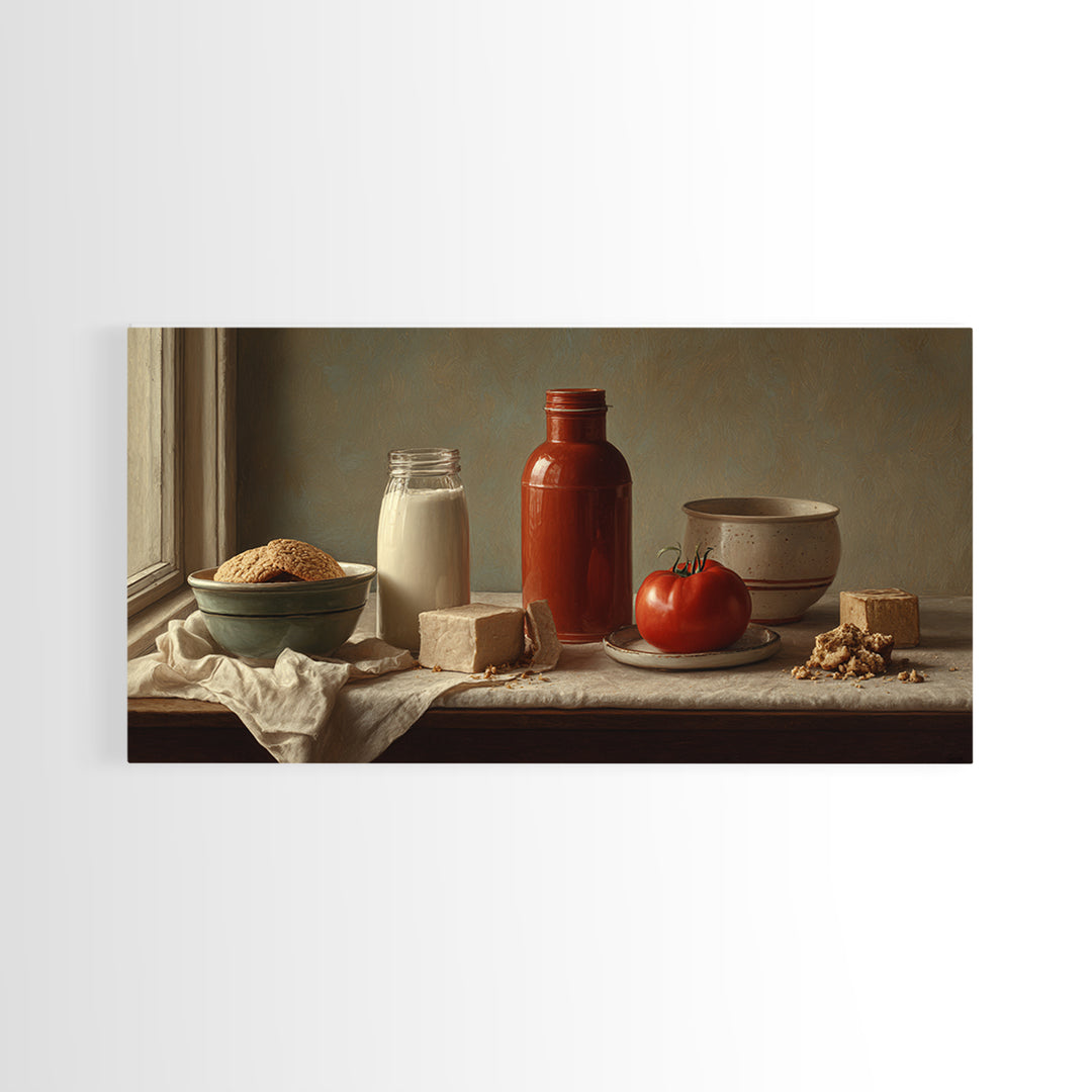 Milk Bottle and Cookies Nostalgic Still Life Framed Canvas Print, Bakery Art, Room Decor, Bakery Decor, Fine Art, Patisserie, BAK-2x1-42