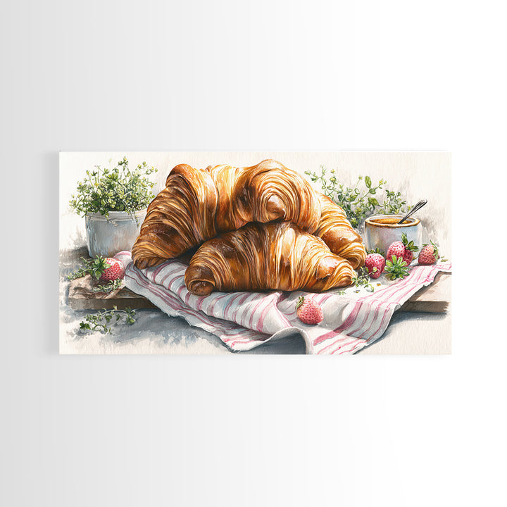 Buttery Croissants Stacked on Striped Linen Framed Canvas Print, Bakery Art, Kitchen Wall Decor, Bakery Decor, Patisserie, BAK-2x1-45