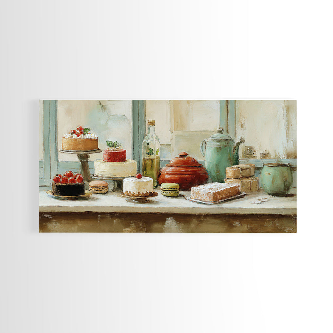 French Patisserie Window Display of Pastel Pastries Framed Canvas Print, Bakery Art, Wall Decor, Bakery Decor, Patisserie, BAK-2x1-46