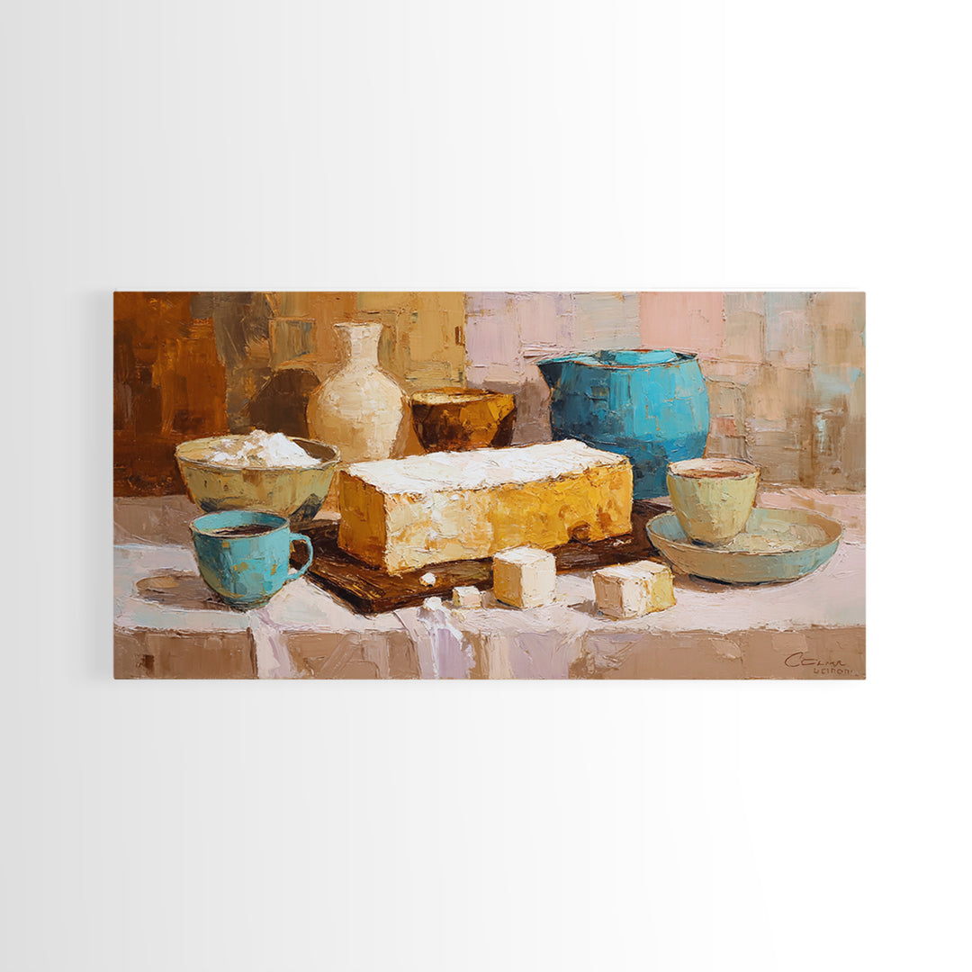 Painterly Eclair and Coffee Still Life Framed Canvas Print, Bakery Art, Kitchen Decor, Bakery Decor, Fine Art, Patisserie, BAK-2x1-56
