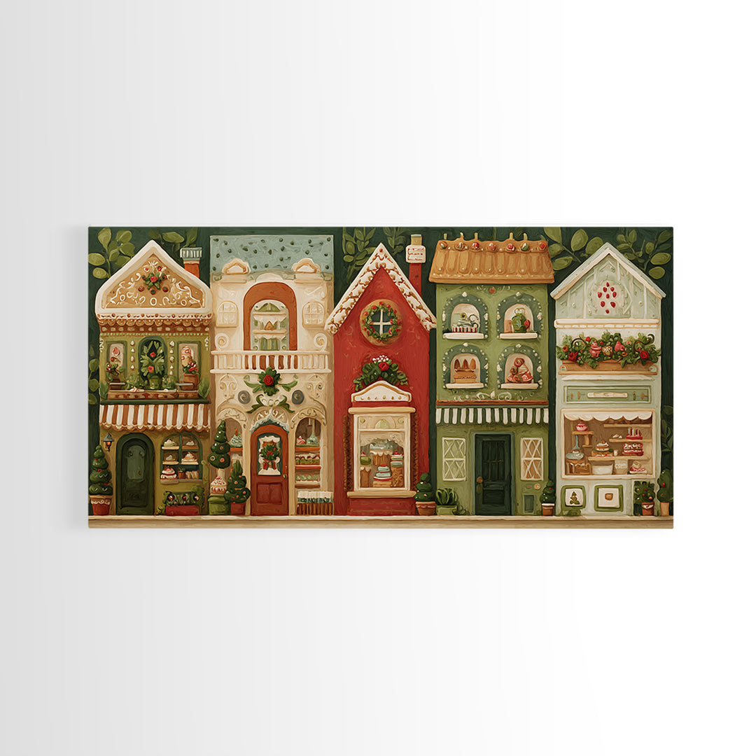 Gingerbread Houses in Charming Folk Art Style Canvas Print, Bakery Art, Printable Wall Art, Bakery Decor, Fine Art, Patisserie, BAK-2x1-58