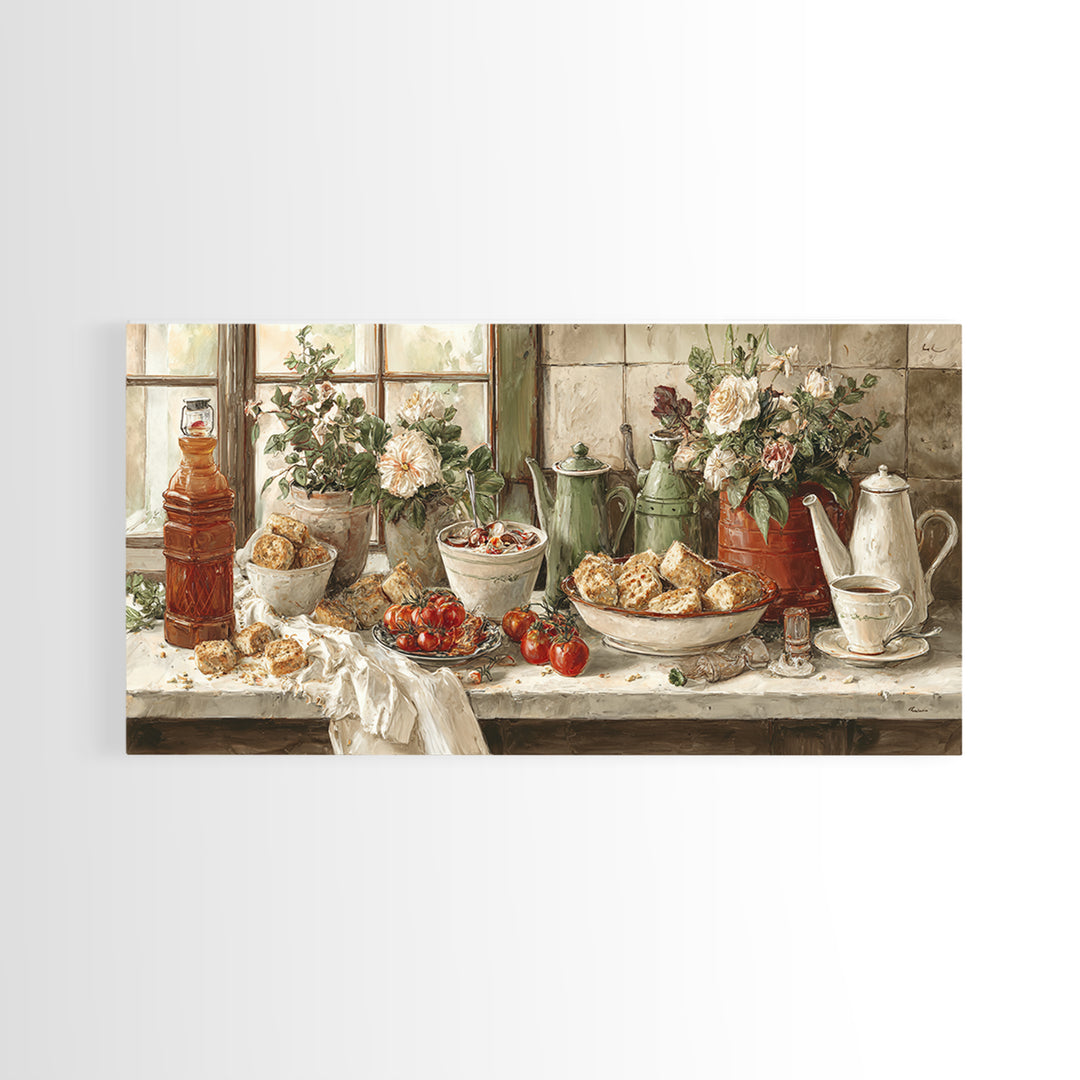 Tea and Scone Arrangement Canvas Print, Bakery Art, Digital Print, Bakery Decor, Fine Art, Patisserie, Kitchen Art Print, BAK-2x1-64