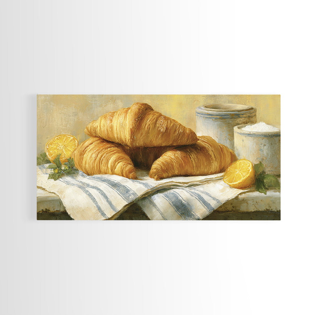 Buttery Croissants Stacked on Striped Linen Canvas Print, Bakery Art, Colorful Wall Art, Bakery Decor, Abstract Art, Patisserie, BAK-2x1-69