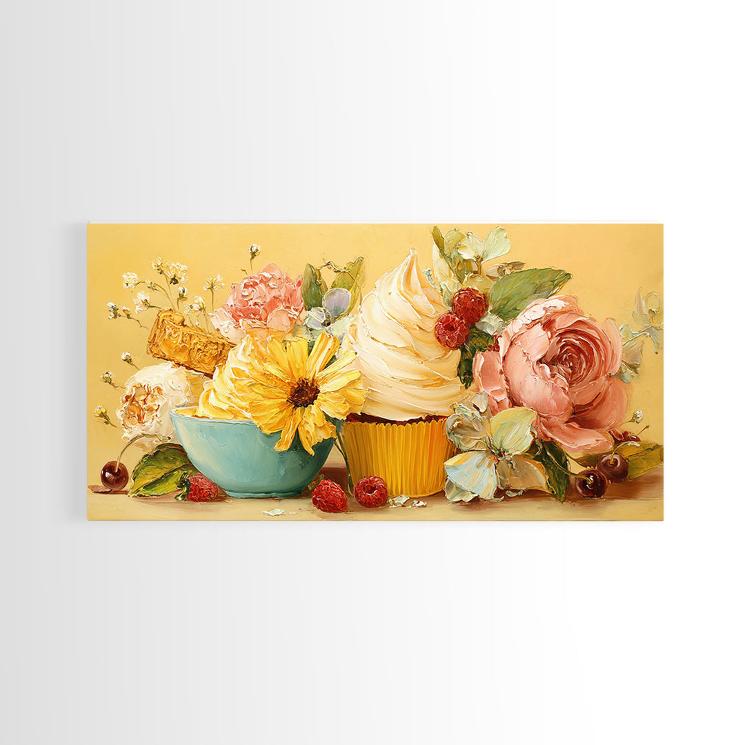 Cupcake Bouquet Painted Framed Canvas Print, Bakery Art, Room Decor, Bakery Decor, Fine Art, Patisserie, Digital Print, BAK-2x1-75