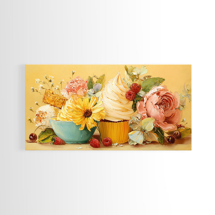 Cupcake Bouquet Painted Framed Canvas Print, Bakery Art, Room Decor, Bakery Decor, Fine Art, Patisserie, Digital Print, BAK-2x1-75