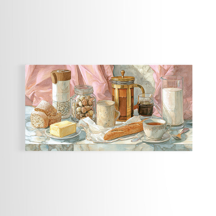 Baguette and Butter Still Life on Marble Canvas Print, Bakery Art, Kitchen Print, Bakery Decor, Fine Art, Patisserie, BAK-2x1-76