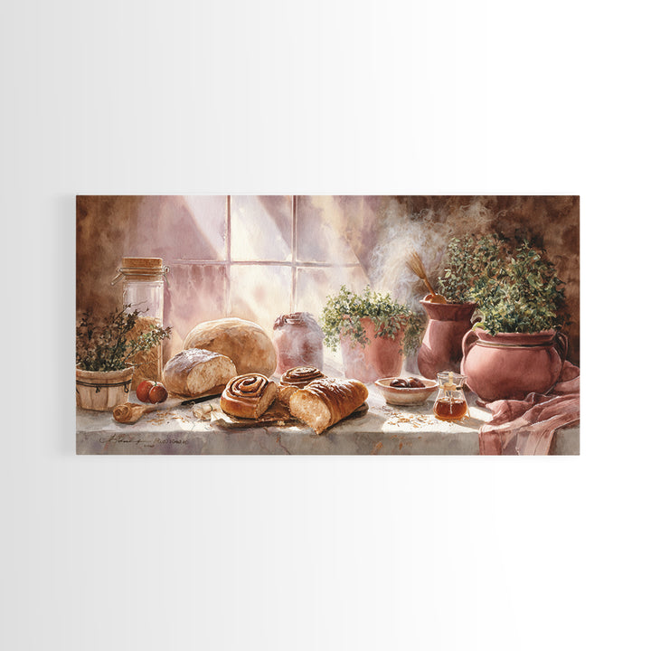 Cinnamon Rolls in a Warm Country Kitchen Framed Canvas Print, Bakery Art, Kids Art, Bakery Decor, Fine Art, Patisserie, BAK-2x1-79