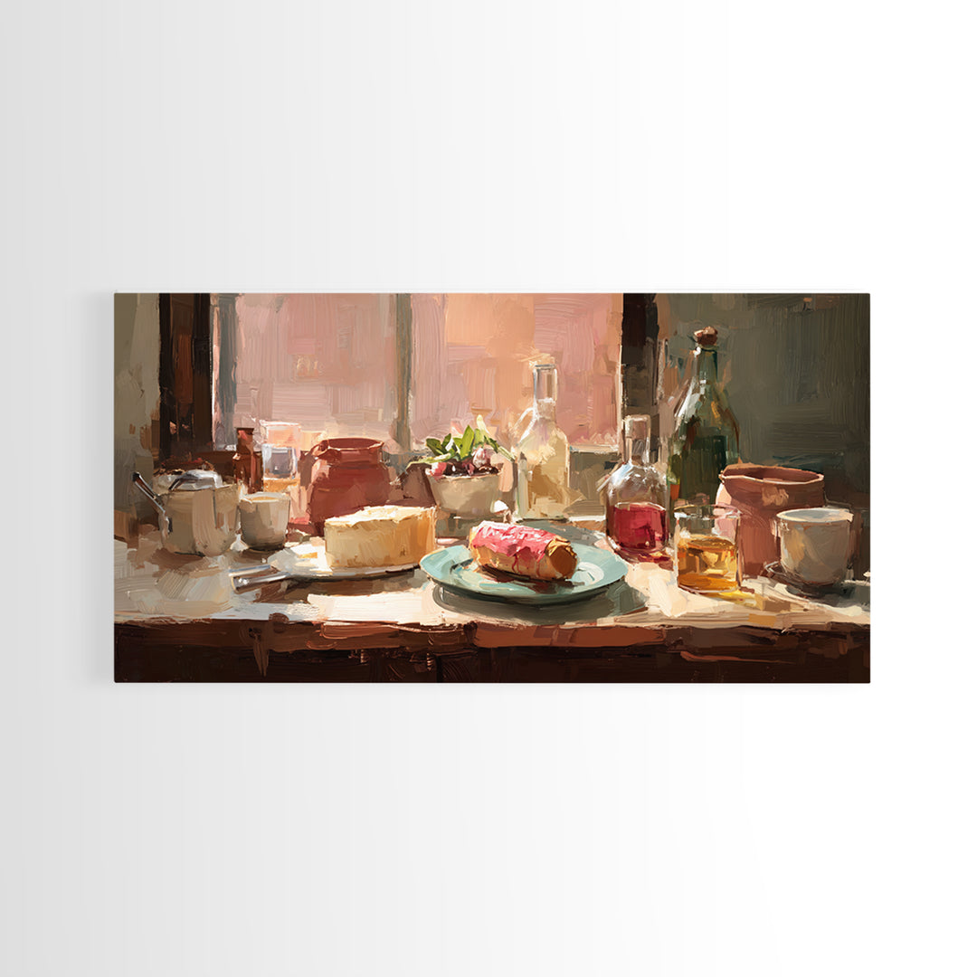 Painterly Eclair and Coffee Still Life Framed Canvas Print, Bakery Art, Coffee Wall Art, Bakery Decor, Fine Art, Patisserie, BAK-2x1-80