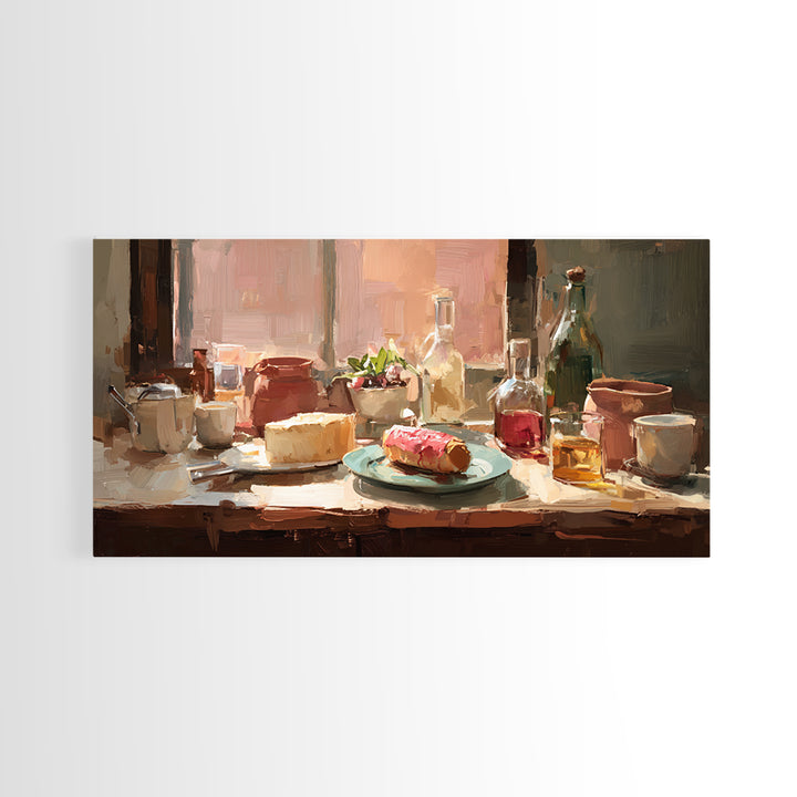 Painterly Eclair and Coffee Still Life Framed Canvas Print, Bakery Art, Coffee Wall Art, Bakery Decor, Fine Art, Patisserie, BAK-2x1-80
