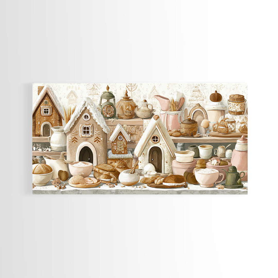 Gingerbread Houses in Charming Folk Art Style Canvas Print, Bakery Art, Printable Wall Art, Bakery Decor, Fine Art, Patisserie, BAK-2x1-82