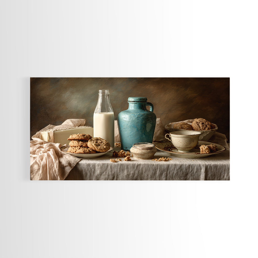 Milk Bottle and Cookies Nostalgic Still Life Framed Canvas Print, Bakery Art, Kitchen Wall Art, Bakery Decor, Oil Painting, BAK-2x1-90