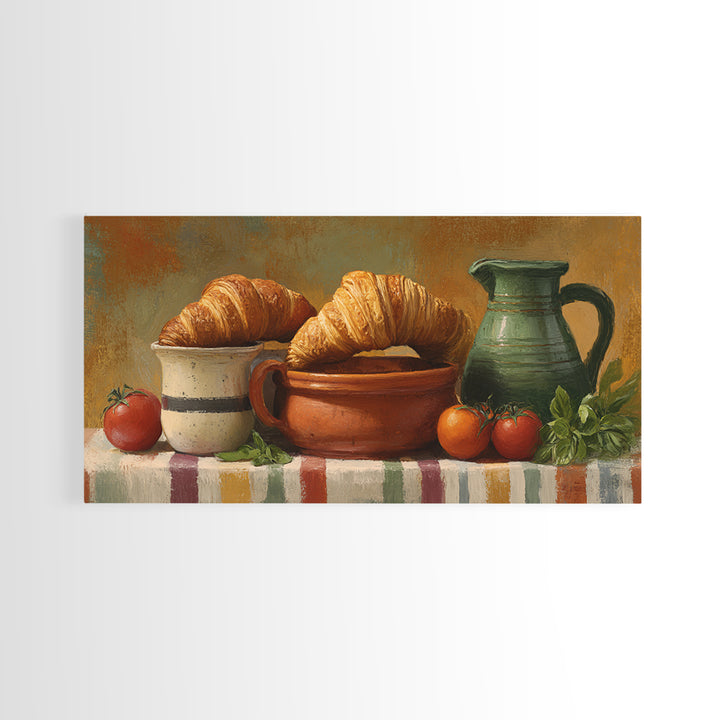 Buttery Croissants Stacked on Striped Linen Canvas Print, Bakery Art, Colorful Wall Art, Bakery Decor, Abstract Art, Patisserie, BAK-2x1-93