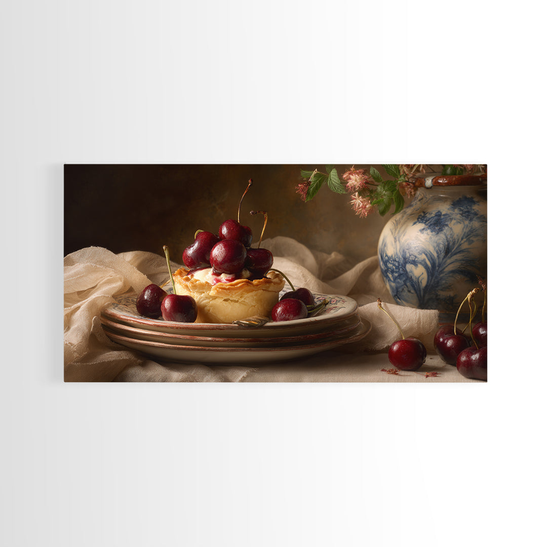 Cherry Tart Still Life Framed Canvas Print, Bakery Art, Digital Download Art, Bakery Decor, Fine Art, Patisserie, Neutral Decor, BAK-2x1-97