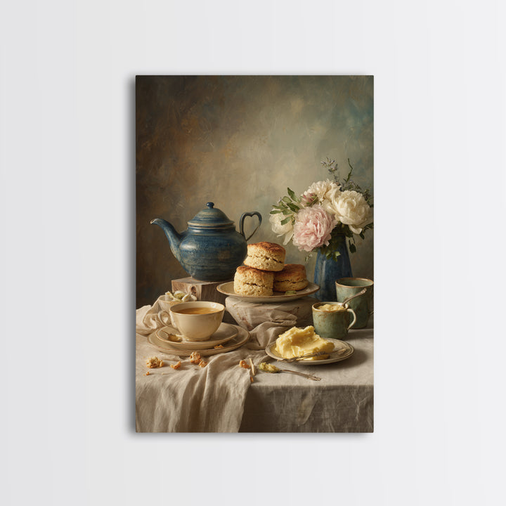 Tea and Scone Arrangement Framed Canvas Print, Bakery Art, Printable Wall Art, Bakery Decor, Patisserie, Coffee Wall Art, BAK-2x3-100