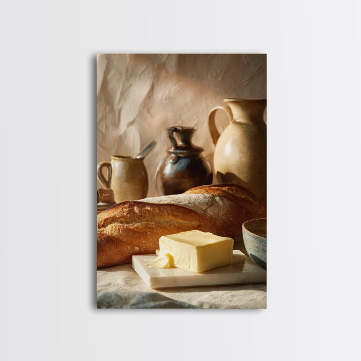 Baguette and Butter Still Life on Marble Canvas Print, Bakery Art, Gallery Decor, Bakery Decor, Fine Art, Patisserie, BAK-2x3-16