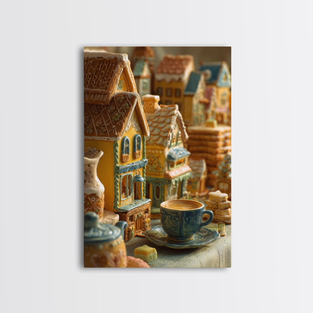 Gingerbread Houses in Charming Folk Art Style Framed Canvas Print, Bakery Art, Wall Decor, Bakery Decor, Fine Art, Patisserie, BAK-2x3-22