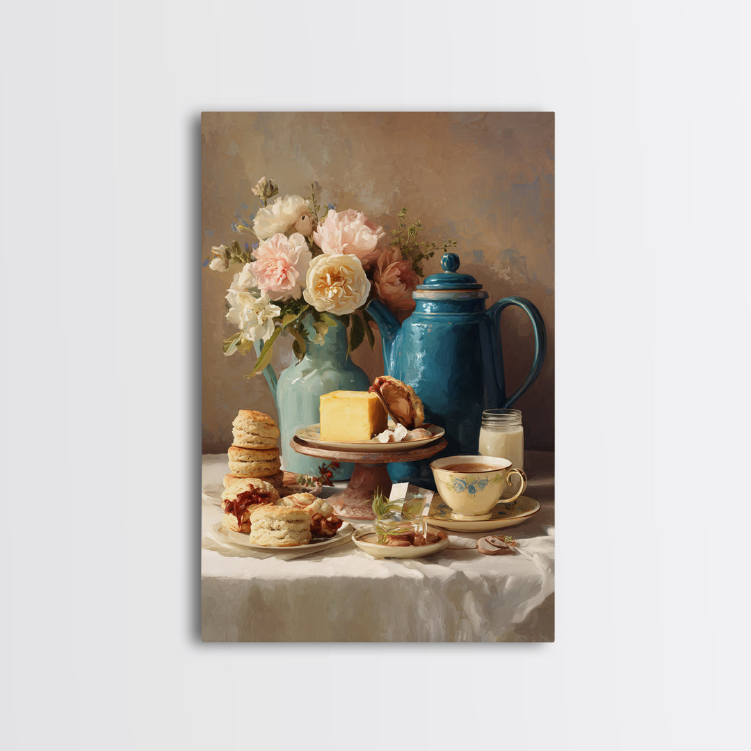 Tea and Scone Arrangement Framed Canvas Print, Bakery Art, Neutral Wall Art, Bakery Decor, Patisserie, Statement Artwork, BAK-2x3-28