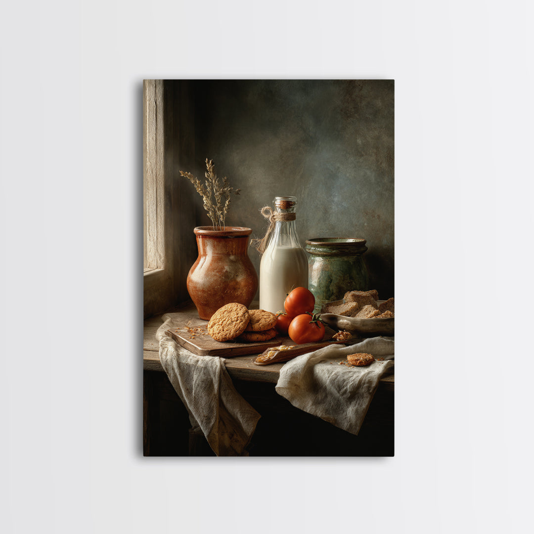 Milk Bottle and Cookies Nostalgic Still Life Framed Canvas Print, Bakery Art, Minimalist Decor, Bakery Decor, Patisserie, BAK-2x3-30
