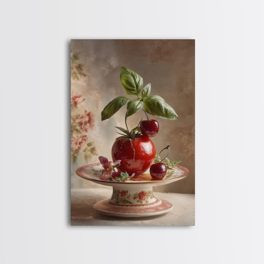 Cherry Tart Still Life Framed Canvas Print, Bakery Art, Watercolor Painting, Bakery Decor, Patisserie, Aesthetic Wall Art, BAK-2x3-37