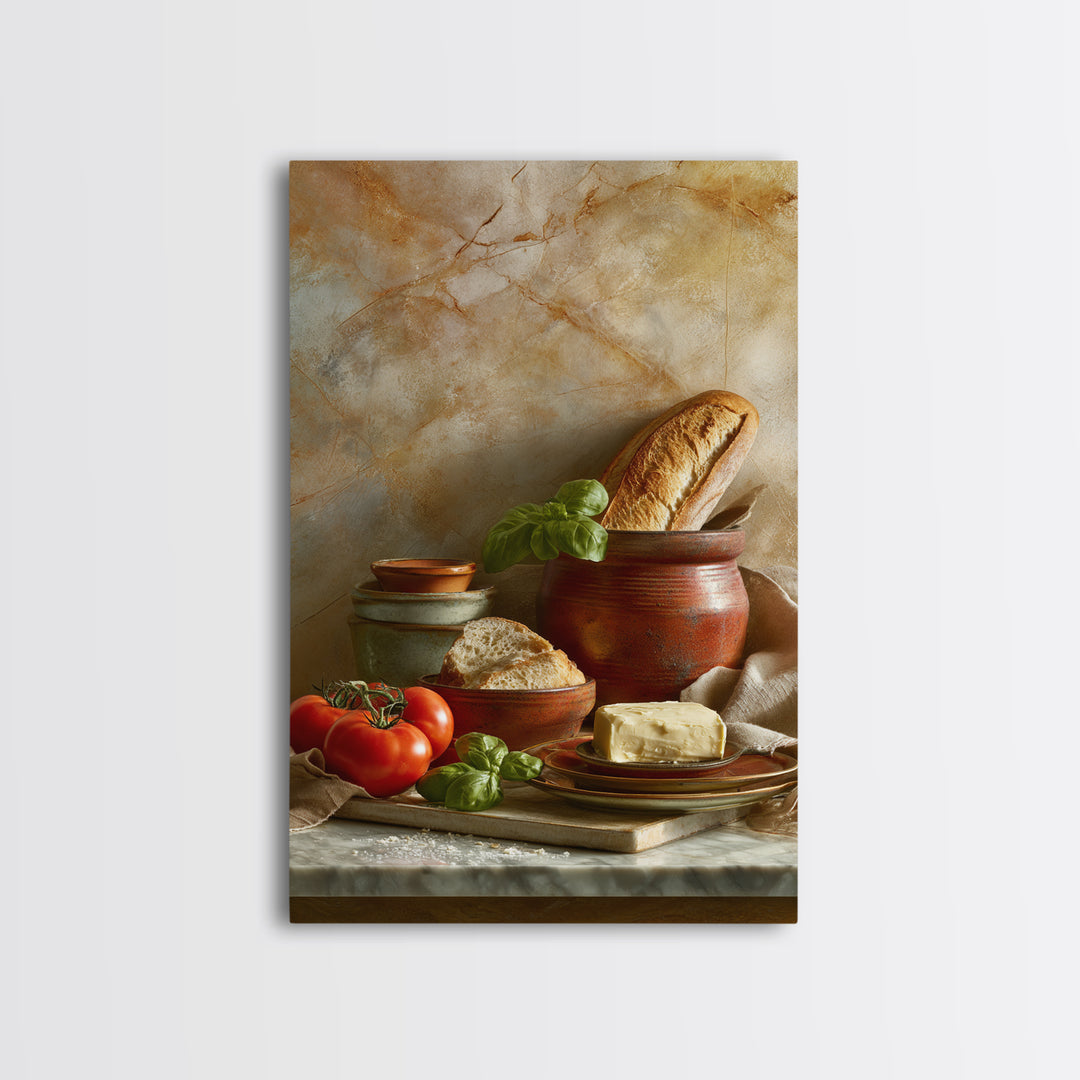 Baguette and Butter Still Life on Marble Canvas Print, Bakery Art, Contemporary Art, Bakery Decor, Fine Art, Patisserie, BAK-2x3-40