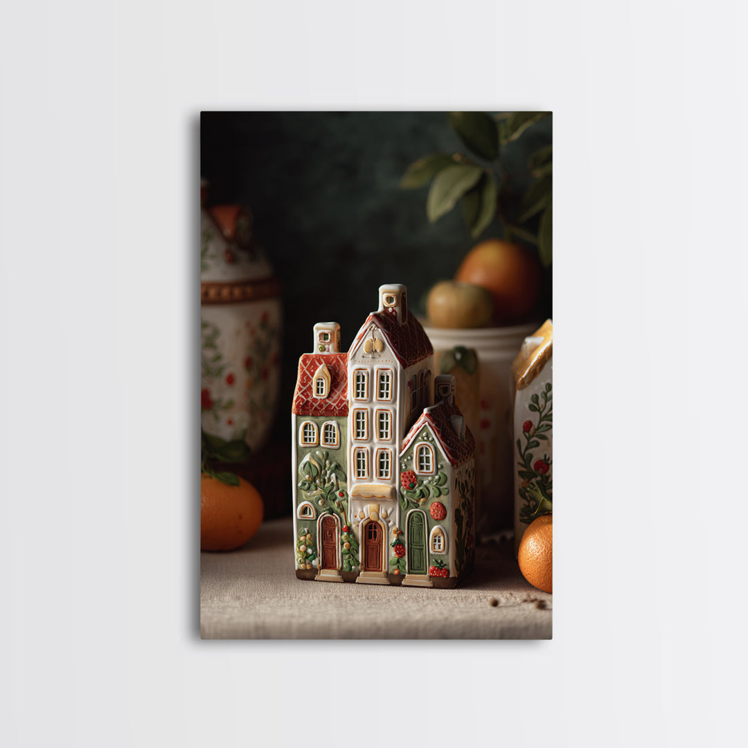 Gingerbread Houses in Charming Folk Art Style Framed Canvas Print, Bakery Art, Wall Decor, Bakery Decor, Fine Art, Patisserie, BAK-2x3-46