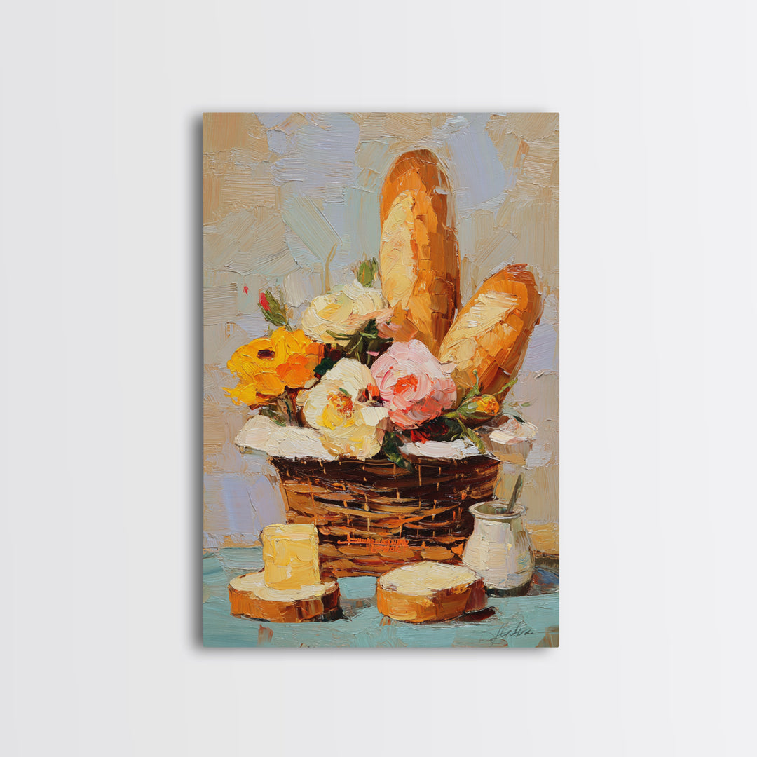 French Market Basket Filled Canvas Print, Bakery Art, Print, Bakery Decor, Oil Painting, Patisserie, Food Art, Kitchen Print, BAK-2x3-50