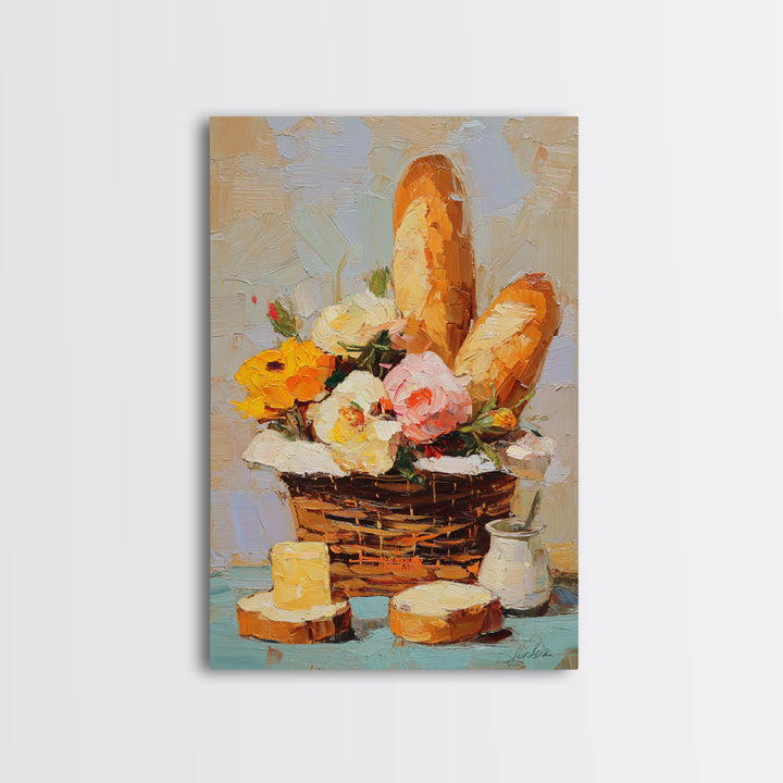French Market Basket Filled Canvas Print, Bakery Art, Print, Bakery Decor, Oil Painting, Patisserie, Food Art, Kitchen Print, BAK-2x3-50