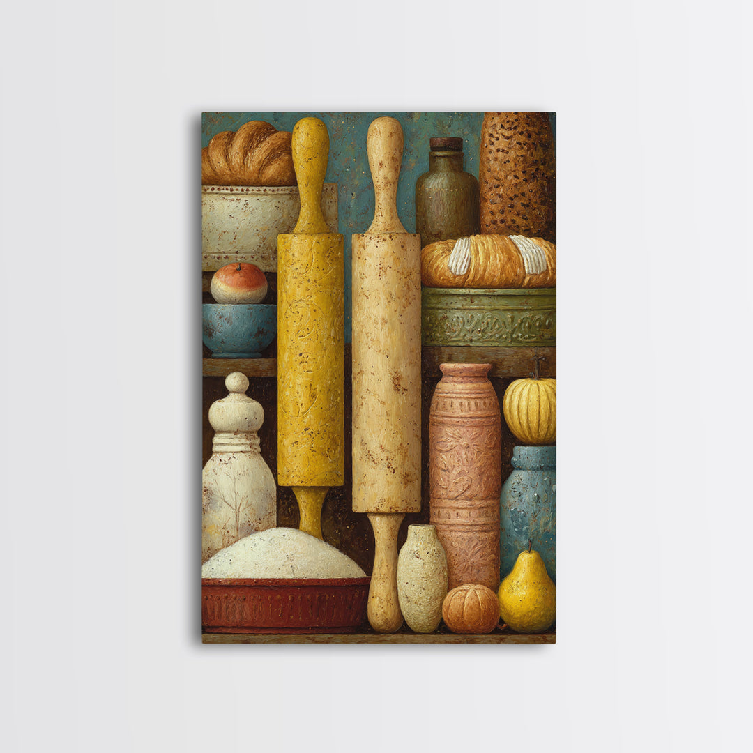 Patisserie Pattern of Rolling Pins and Pastries Framed Canvas Print, Bakery Art, Kitchen Prints, Bakery Decor, Oil Painting, BAK-2x3-53
