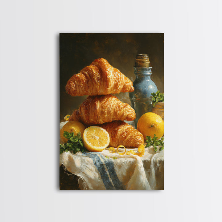 Buttery Croissants Stacked on Striped Linen Canvas Print, Bakery Art, Watercolor Print, Bakery Decor, Fine Art, Patisserie, BAK-2x3-57