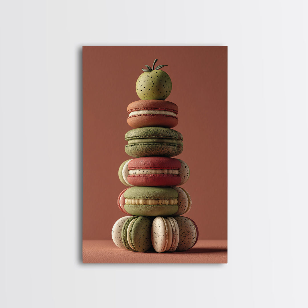 Single Perfect Macaron Tower Framed Canvas Print, Bakery Art, Kitchen Prints, Bakery Decor, Oil Painting, Patisserie, BAK-2x3-59