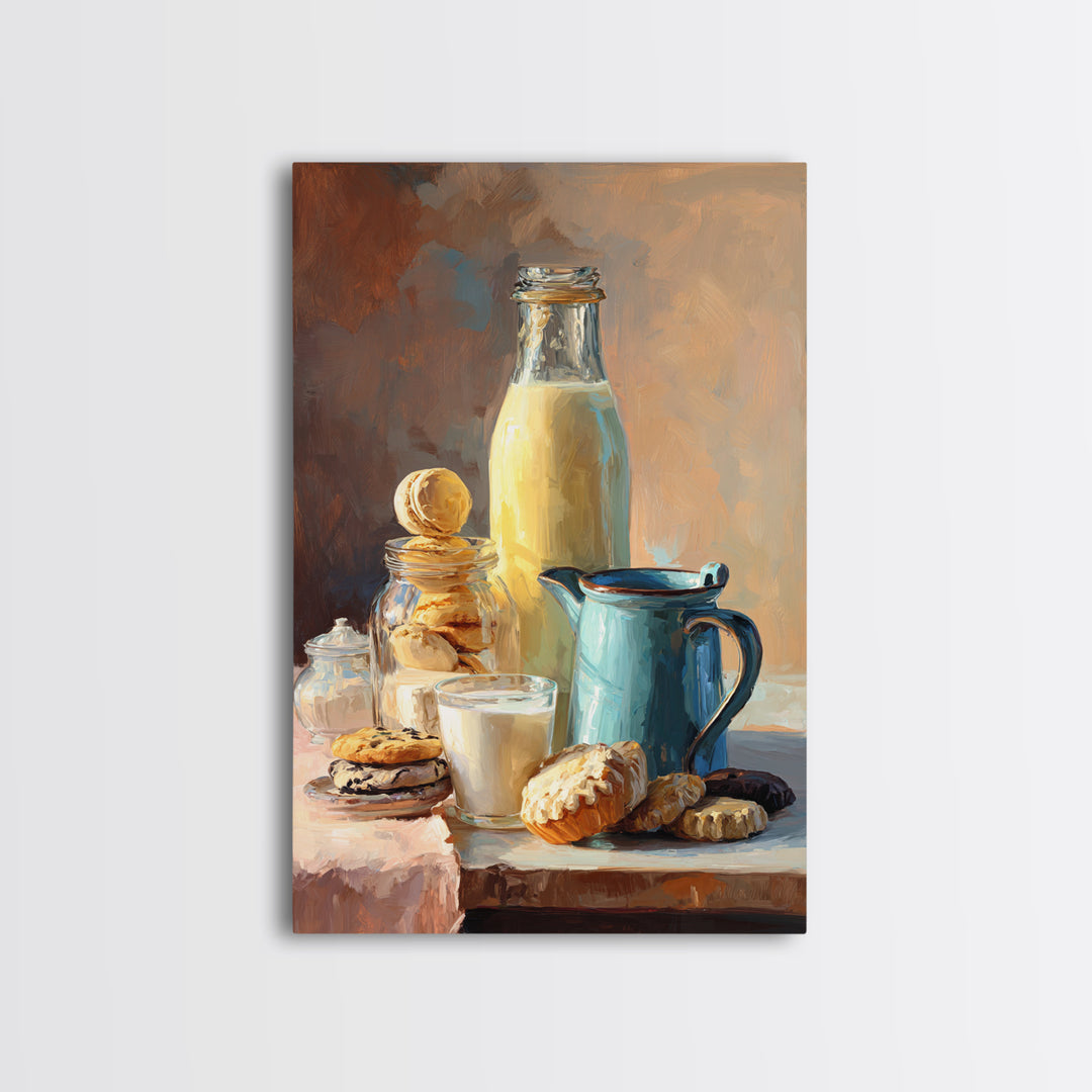 Milk Bottle and Cookies Nostalgic Still Life Framed Canvas Print, Bakery Art, Minimalist Decor, Bakery Decor, Patisserie, BAK-2x3-6