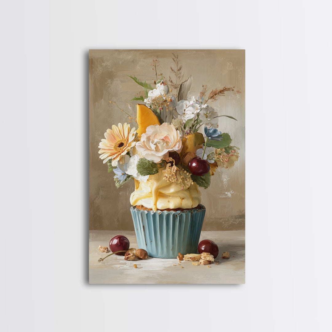 Cupcake Bouquet Painted Framed Canvas Print, Bakery Art, Food Art, Bakery Decor, Watercolor Art, Patisserie, Kids Art, BAK-2x3-63