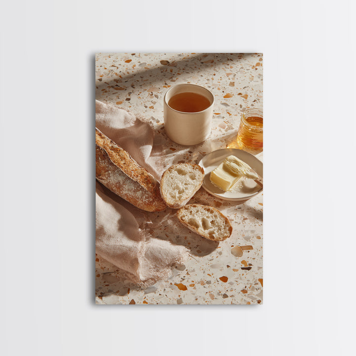 Baguette and Butter Still Life on Marble Framed Canvas Print, Bakery Art, Printable Wall Art, Bakery Decor, Patisserie, BAK-2x3-64