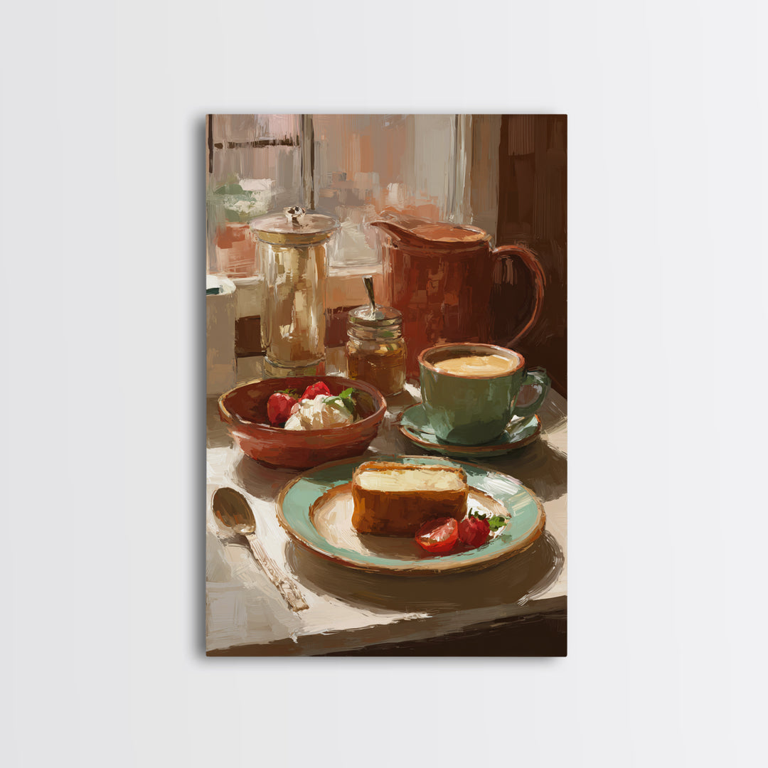 Painterly Eclair and Coffee Still Life Framed Canvas Print, Bakery Art, Coffee Wall Art, Bakery Decor, Fine Art, Patisserie, BAK-2x3-68