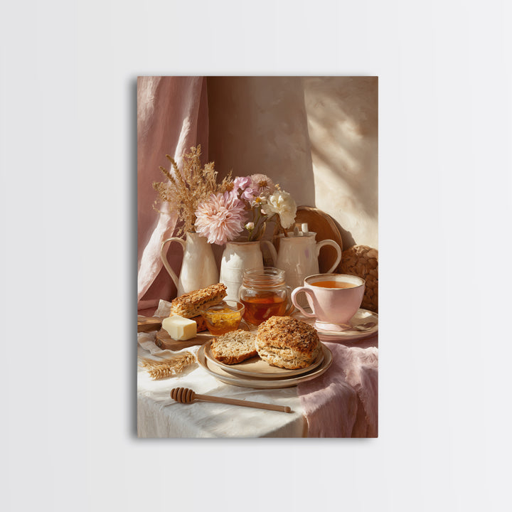 Tea and Scone Arrangement Framed Canvas Print, Bakery Art, Whimsical Wall Art, Bakery Decor, Fine Art, Patisserie, Luxury Decor, BAK-2x3-76