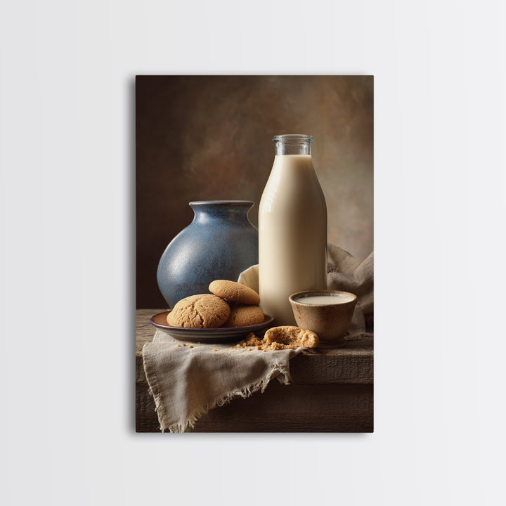 Milk Bottle and Cookies Nostalgic Still Life Framed Canvas Print, Bakery Art, Kitchen Art, Bakery Decor, Fine Art, Patisserie, BAK-2x3-78