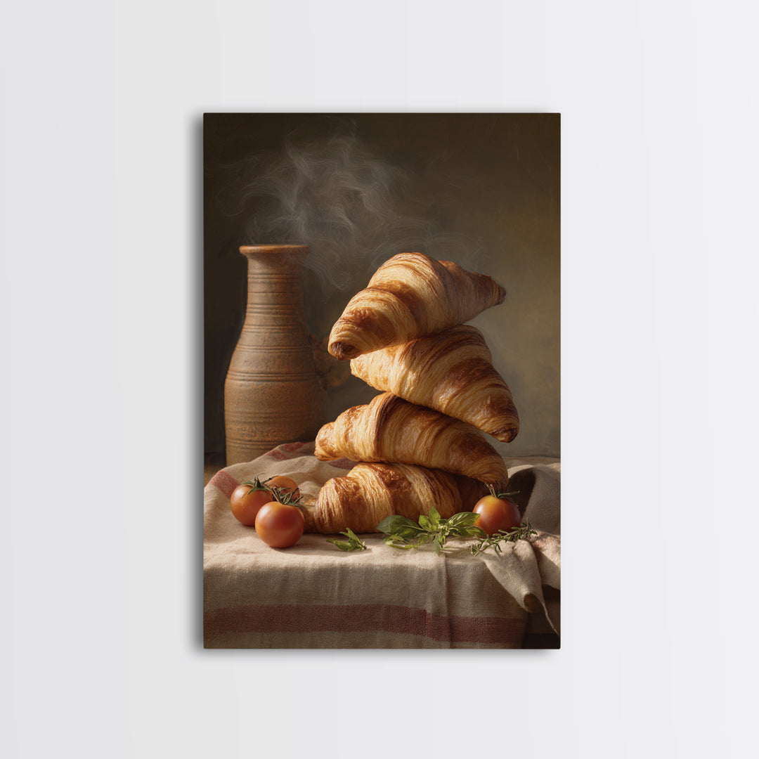 Buttery Croissants Stacked on Striped Linen Canvas Print, Bakery Art, Watercolor Print, Bakery Decor, Fine Art, Patisserie, BAK-2x3-81