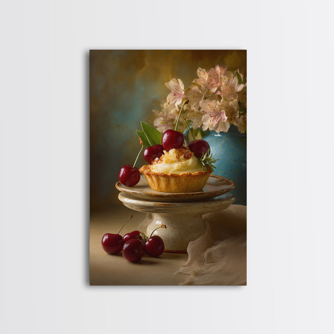 Cherry Tart Still Life Framed Canvas Print, Bakery Art, Neutral Wall Art, Bakery Decor, Fine Art, Patisserie, Statement Artwork, BAK-2x3-85