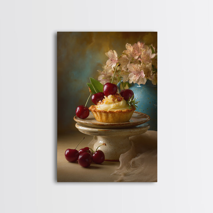 Cherry Tart Still Life Framed Canvas Print, Bakery Art, Neutral Wall Art, Bakery Decor, Fine Art, Patisserie, Statement Artwork, BAK-2x3-85
