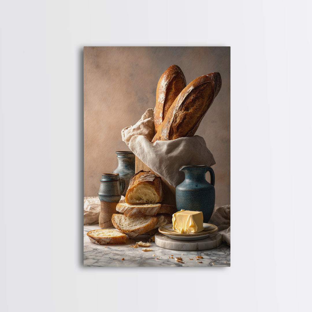 Baguette and Butter Still Life on Marble Framed Canvas Print, Bakery Art, Kitchen Print, Bakery Decor, Fine Art, Patisserie, BAK-2x3-88