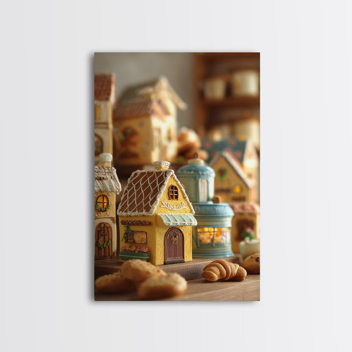 Gingerbread Houses in Charming Folk Art Style Framed Canvas Print, Bakery Art, Watercolor Art, Bakery Decor, Patisserie, BAK-2x3-94