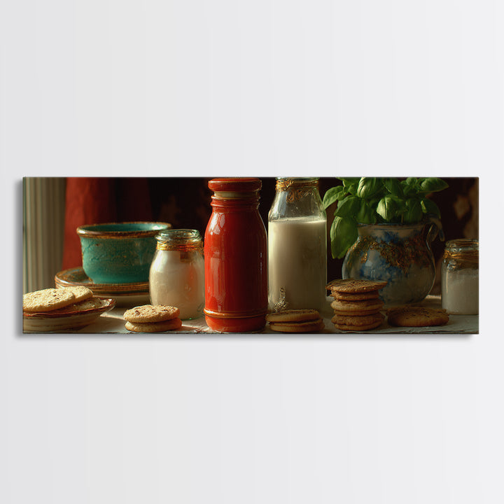 Milk Bottle and Cookies Nostalgic Still Life Canvas Print, Bakery Art, Modern Decor, Bakery Decor, Fine Art, Patisserie, BAK-3x1-14